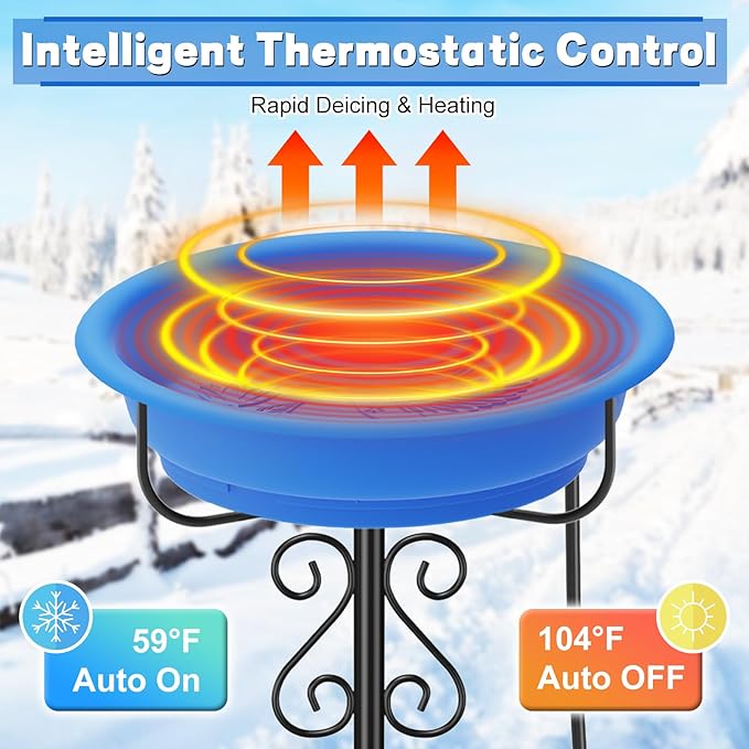 Heated Bird Baths for Outdoors,Large Capacity 100W Thermostat Control Heated Birdbath with 5-Prong Metal Base Water Heated Bird Bath Bowl for Outside Winter Garden Patio Yard Lawn(Blue)