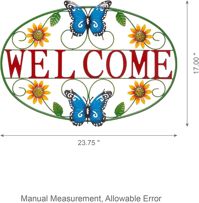 Glitzhome 23.75" L Welcome Wall Decor, Metal Rustic Sunflowers and Butterflies Decor Welcome Sign Wall Door Decoration for Home Outdoor Indoor Decorative Truck Metal Wall Hanging