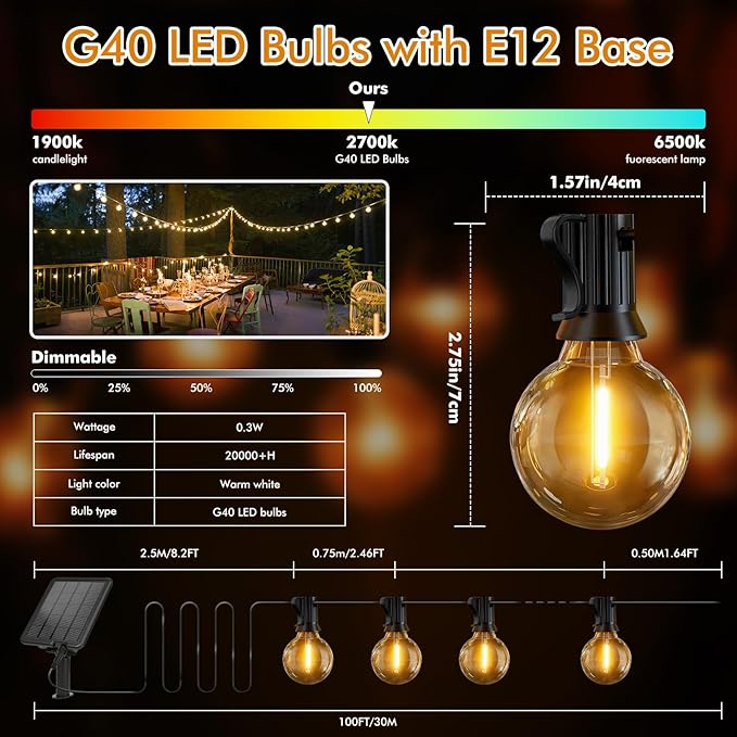 Solar String Lights Outdoor 100ft - 36+2 Shatterproof & Waterproof G40 LED Bulbs, Remote Control w/ 4 Dimming,3 Light Modes & Timer, Waterproof IP65 for Patio, Garden, Camping, Party, Christmas Décor