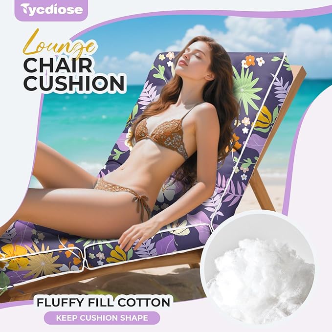 Outdoor Chaise Lounge Chair Cushion, Waterproof Non-Slip Patio Chaise Lounge Cushions for Outdoor Furniture, Thickened Pool Lounger Chair Cushion, 76.4 x 22.8 x 4.7 Inches, Purple Floral Leaf