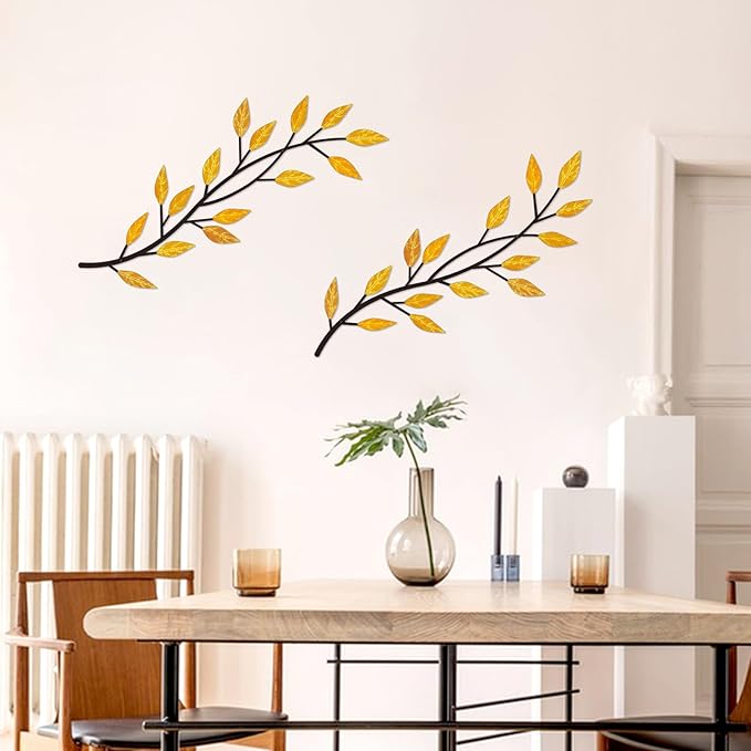 LWHZHE 2 Pieces Vintage Tree Leaf Wall Art Vine Metal Bathroom Wall Decor Olive Branch Wall Decor Living Room Tree Wall Art for Outdoor Hallway Kitchen Garden (Yellow)