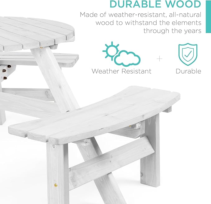 Best Choice Products 6-Person Circular Outdoor Wooden Picnic Table for Patio, Backyard, Garden, DIY w/ 3 Built-in Benches, 500lb Capacity - White