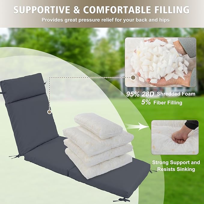 Chaise Lounge Cushion 80x26x3 Inch – Set of 2 Outdoor Lounge Chair Cushions, Lounger Pad Replacement with Fade-Resistant, Removable & Machine-Washable Covers, Ideal for Patio Chaise Chairs, Dark Grey
