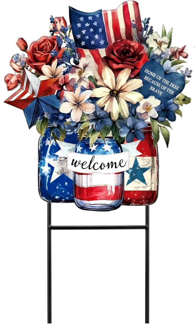 Amyhill 4th of July Metal Outdoor Decor Garden Stakes Patriotic Mason Jars Welcome Yard Signs Decorations Red White Blue Garden Stakes for Independence Memorial Day Patio Lawn Walkway Outside