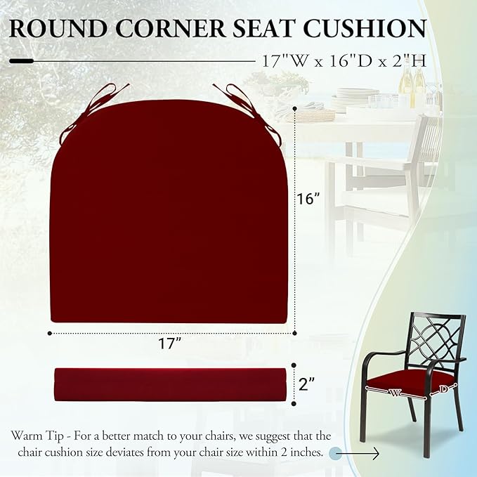 Wellsin Outdoor Chair Cushions for Patio Furniture - Patio Chair Cushions Set of 2 - Water Resistant Round Corner Outdoor Seat Cushions 17"X16"X2", Burgundy