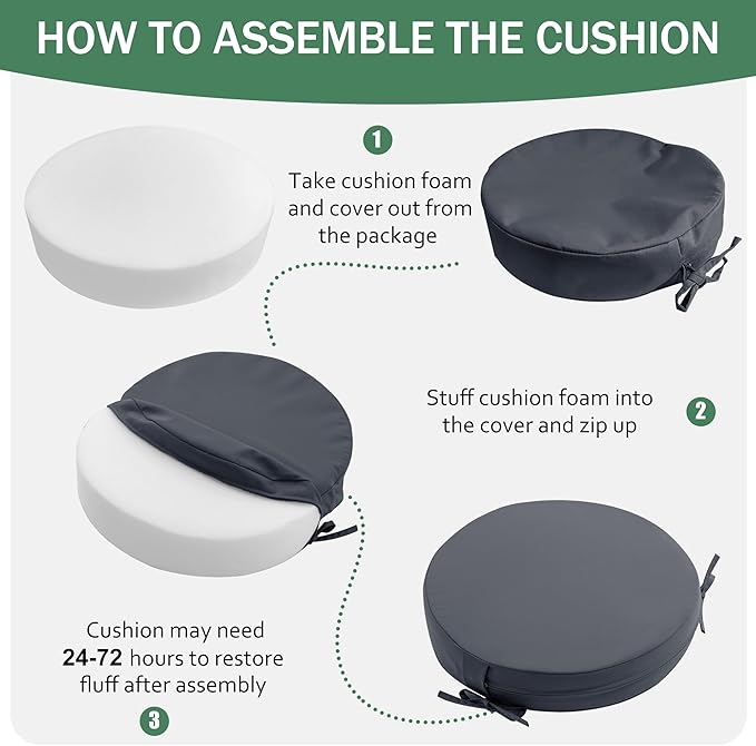 Outdoor Bistro Chair Cushions Set of 2, 15" D x 3" H Round Chair Cushions Waterproof and Fade Resistant Chair Cushion Pads with Non-Slip Ties and Removable Covers for Garden, Dark Grey