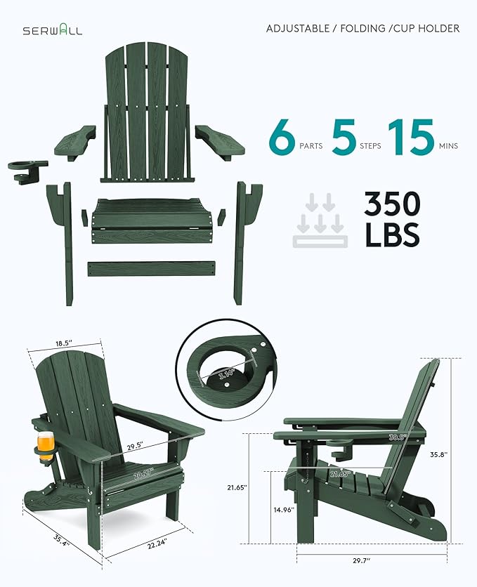 SERWALL Folding Adirondack Chair Set of 4, Reclining Adirondack Chair with 3 Recline Positions, All Weather HDPE Outdoor Adirondack, Green