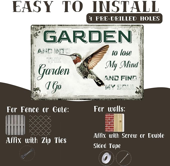 Vintage Garden Metal Tin Signs Hummingbirds and Into The Garden I Go Funny Tin Sign Rustic Indoor Outdoor Wall Decor for Home Yard Farmhouse Greenhouse Patio Porch Bar 8×12 Inch