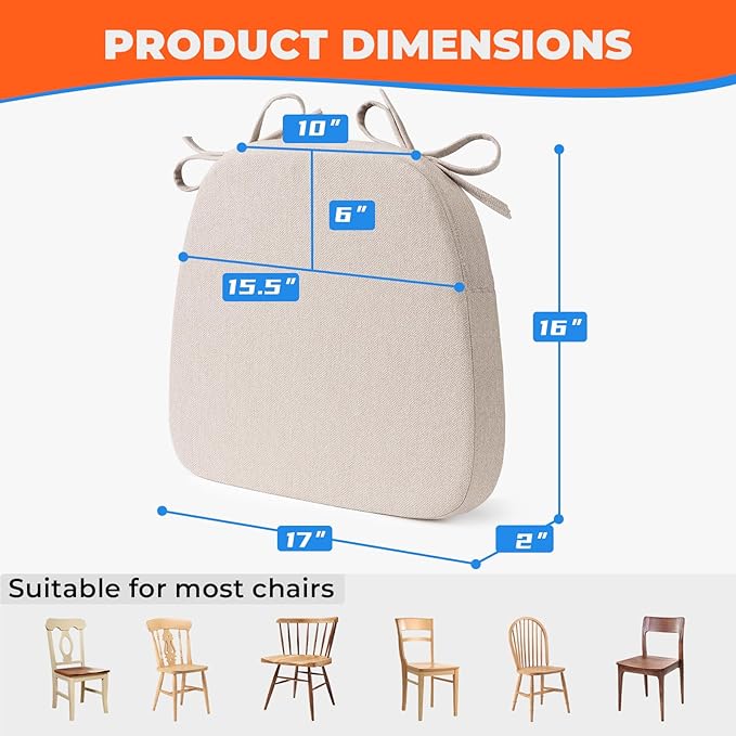 Chair Cushions for Dining Chairs, D-Shaped Seat Cushions with Removable Washable Cover and Ties, Chair Pads for Kitchen, Indoor Dining Room, Patio Chairs, 17'' x 16'', Set of 2, Beige