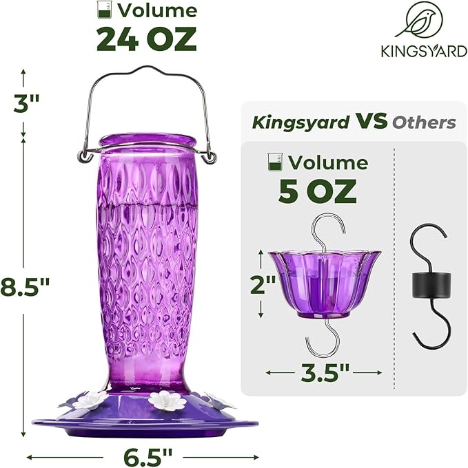 Kingsyard 2 Pack Glass Hummingbird Feeders for Outdoors Hanging, Wild Bird Nectar Feeder with 6 Feeding Ports, 24 oz Leak-Proof, Purple (Ant Moat Included)