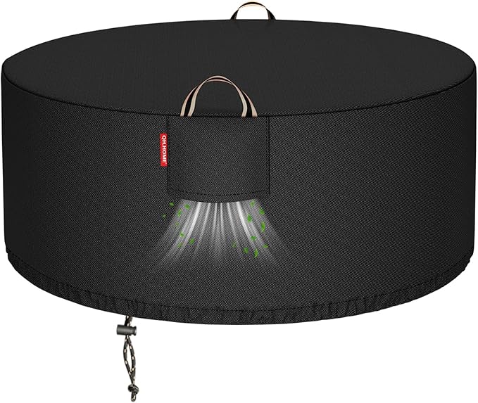 [2026 Upgraded 900D Fabric] 40 inch Fire Pit Cover Round for 37-40 inch Firepit, 900D Heavy Duty Waterproof Gas Fire Pit Cover with Air Vent,Handle,Tightening Drawstring,40" Dia x 20" H-Black