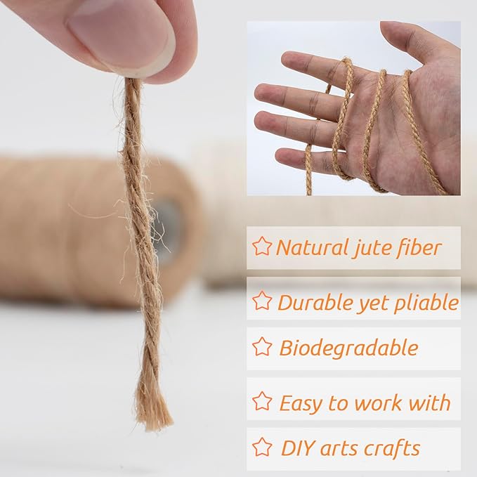 JeogYong 1mm Jute Twine String 656 Feet Natural Thick Garden Twine for Crafts, Hemp Twine for Outdoor, Gardening, Gift Wrapping, Plants, Packing Materials (Brown)