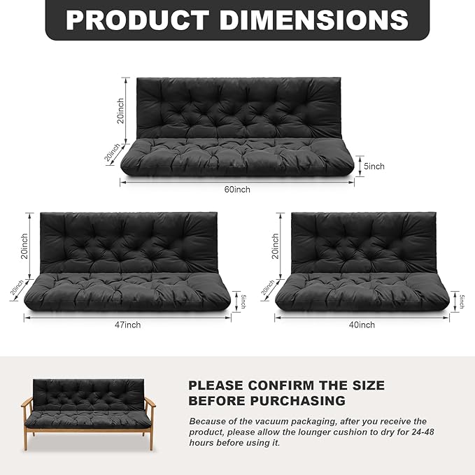 Porch Swing Cushions,Outdoor Cushions 3 Seater Replacement with Backrest, Waterproof Thickened Bench Cushion with Ties for Porch, Patio,Outdoor, Backyard and Garden (Black 40 * 40 in)