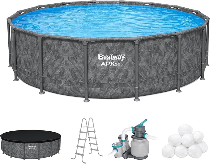 Bestway APX 365 16' x 48" Above Ground Pool, Round Metal Frame Outdoor Swimming Pool Set with Sand Filter Pump, Ladder, and Cover, Dark Marble