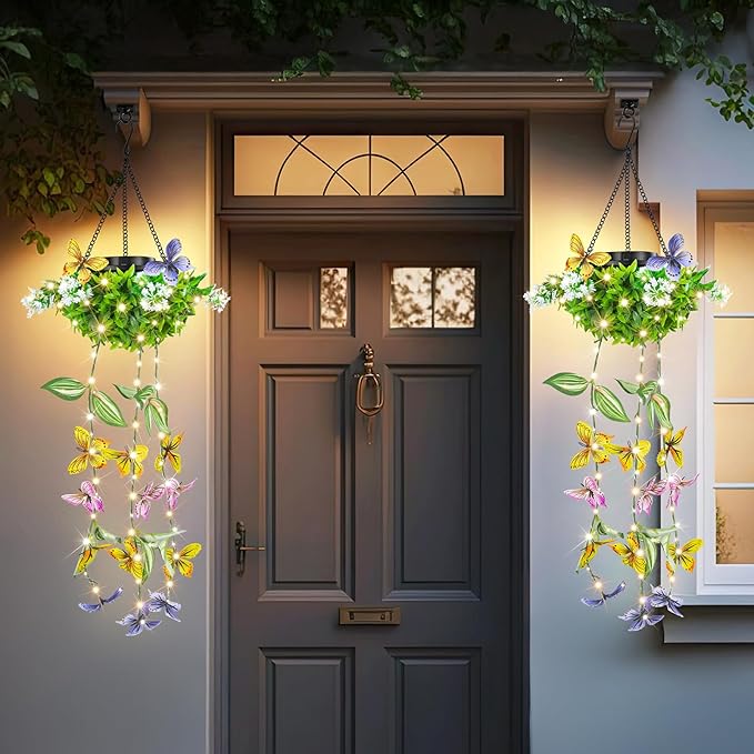 Colorful Solar Butterfly Lights for Garden, 2 Pack Hanging Lights with Fluttering Butterflies & Flowers, IP65 Waterproof Outdoor String Lights for Patio, Birthday & Kids Play Area