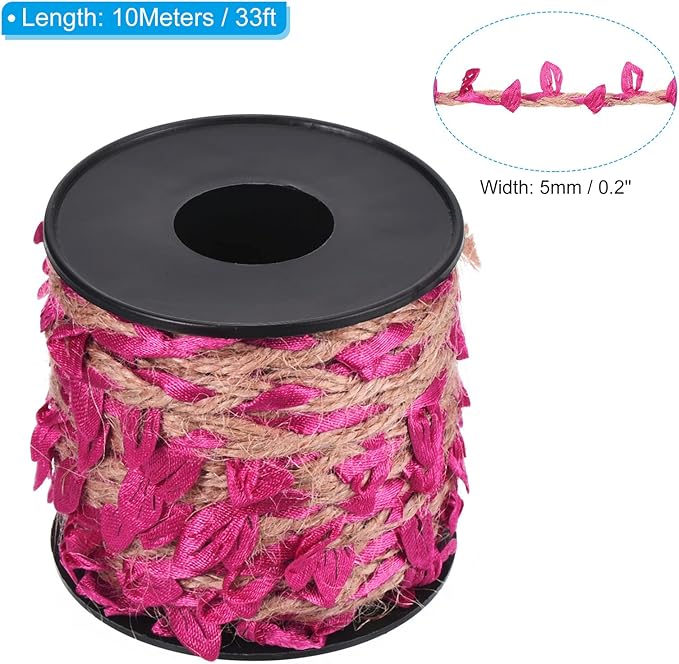 PATIKIL 33ft 5mm Burlap Leaf Ribbon, Braided Decoration Vine Natural Jute Rope Twine with Artificial Leaves for Jungle Wedding Party Home Garden Decor, Fuchsia