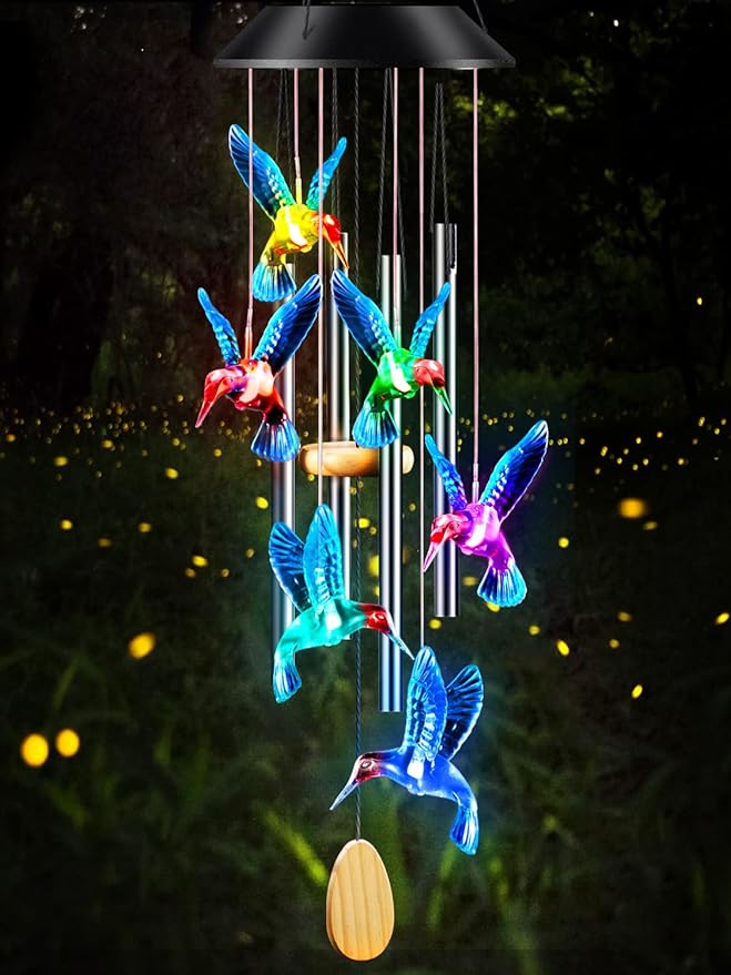 Wind Chimes,Hummingbird Solar Wind Chimes for Outside Color Changing,4 Aluminum Tubes Wind Bell for Garden/Patio Decor Thanksgiving Gifts for Mom, Wife, Grandma Neighbors(25 Inch Deep Tone)