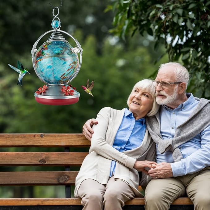 Backyard Expressions Glass Hummingbird Feeder - Blue - Hummingbird Feeders for Outdoors Hanging, Hand Blown Glass Hummingbird Feeder with Spiral Pattern