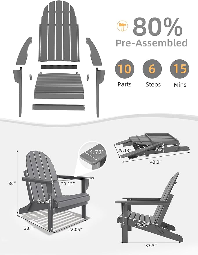 Folding Adirondack Chair - Durable HDPE Poly Lumber All-Weather Resistant, Foldable Oversized Balcony Porch Patio Outdoor Chair for Lawn, Backyard, Deck, Garden, Camping - Easy Installation, Gray