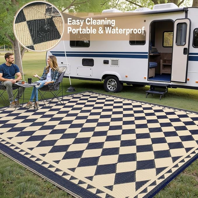 HUGEAR Outdoor Rug for Patios Clearance,Waterproof Mat,Large Outside Carpet,Reversible Plastic Straw Camping Rugs,Rv,Porch,Deck,Camper,Balcony,Backyard (8x10,Checkered/Black&Beige)