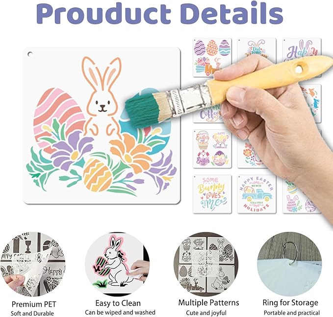 25Pcs Easter Stencils Reusable, 6x6 inch Plastic Drawing Spraying Templates for Painting on Wood, Bunny/Eggs/Farm Spring Stencil for Greeting Cards, Easter Crafts Ornament DIY Window Door Decoration