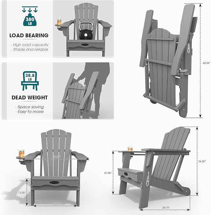 Folding Adirondack Chair Set of 4,HDPE All-Weather Outdoor Chair with Cup Holder,Wooden Textured,Fire Pit Chair,Plastic Patio Chair for Deck,Backyard,Garden,Lawn(Grey)
