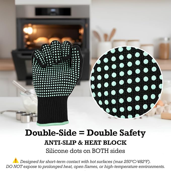 Heat Resistant Gloves for Kitchen & Home Use - 482°F, 2 PCS Combed Cotton & Double-Side Silicone Dots, Elastic Cuff, Anti-Slip for Grilling, Oven, Air Fryer - Universal Fit, Green