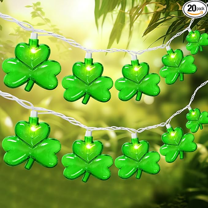 20 LED Clear Green Shamrock String Lights, 12FT St Patricks Day Lights String Outdoor Waterproof with 20 LED Light for Rish Shamrock St Patrick's Day Party Indoor Home Window Porch Garden Decorations