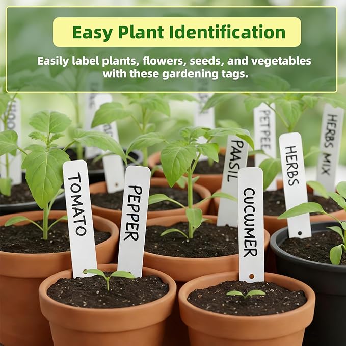 Plant Labels 150 PCS, Slim White Garden Plant Tags with Holes, PP Plastic Waterproof Labels with Permanent Marker, Jute Twine & Storage Box for Indoor & Outdoor Gardening (150PCS)