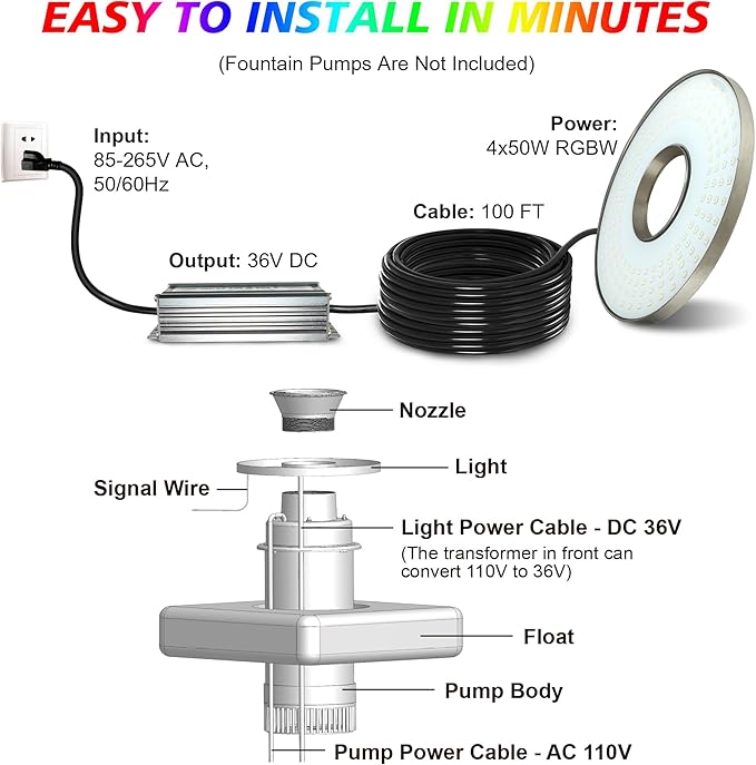 Goldlife Pond Fountain Aerator Lights, 200W RGBW 20000LM 160LED Fountain Light With 100FT Power Cord, IP68 Waterproof Stainless Steel Wireless Sync Control Floating Fountains Pump Light for Lake Ponds