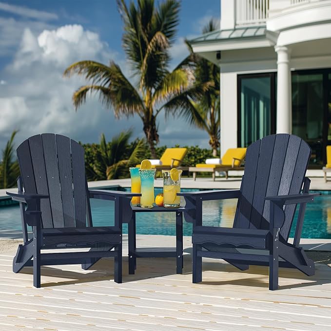 Folding Adirondack Chairs, HDPE Plastic Adirondack Chair with Cup Holder Weather Resistant, Wood Texture Outdoor Fire Pit Chairs for Patio Garden,Poolside and Deck, Umbrella Hole, Dark Blue