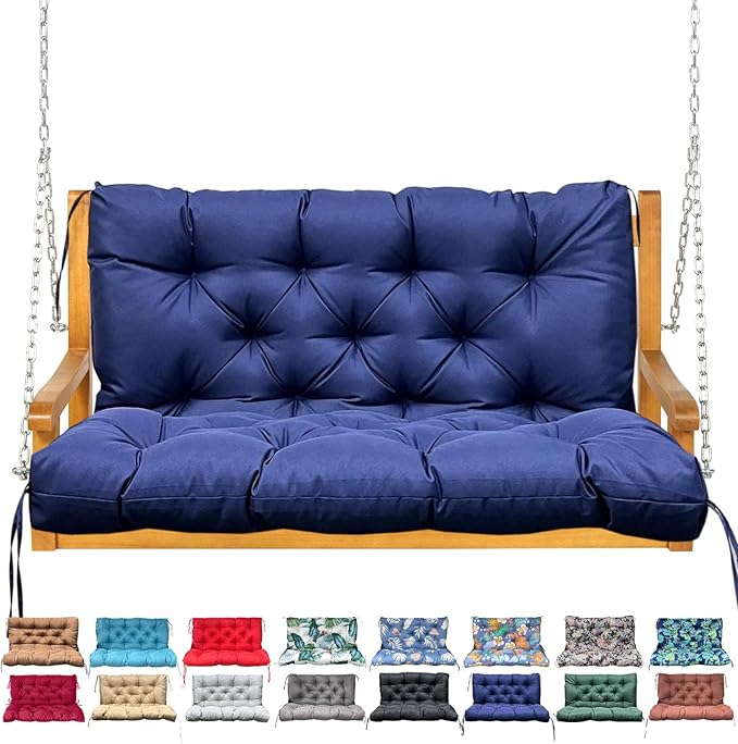 Porch Swing Cushion with Backrest,Waterproof Bench Cushion for Outdoor Furniture,2-3 Seater Replacement Thickened Swing Cushion with Ties,Patio,Outdoor,Backyard and Garden (Navy Blue,47x40)