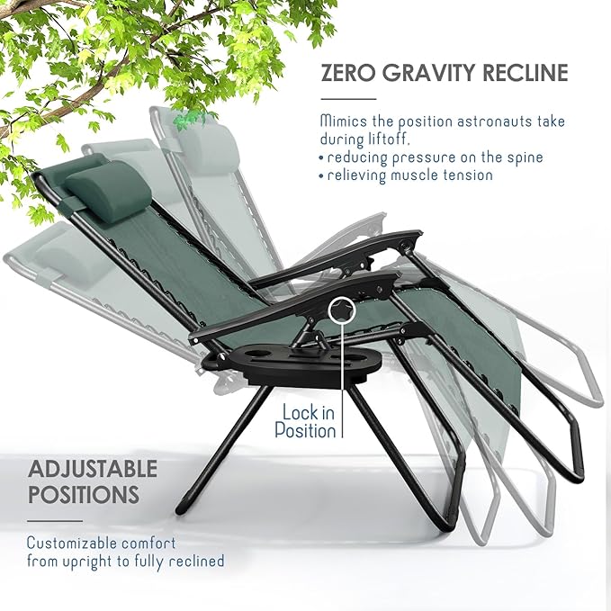 Nestl Zero Gravity Chairs Set of 6, Patio Lounge Chair Outdoor with Pillows & Cup Holder Trays, Adjustable Steel Mesh Reclining Camping Chair, Folding Patio Lawn Chair for Deck, Beach - Forest Green