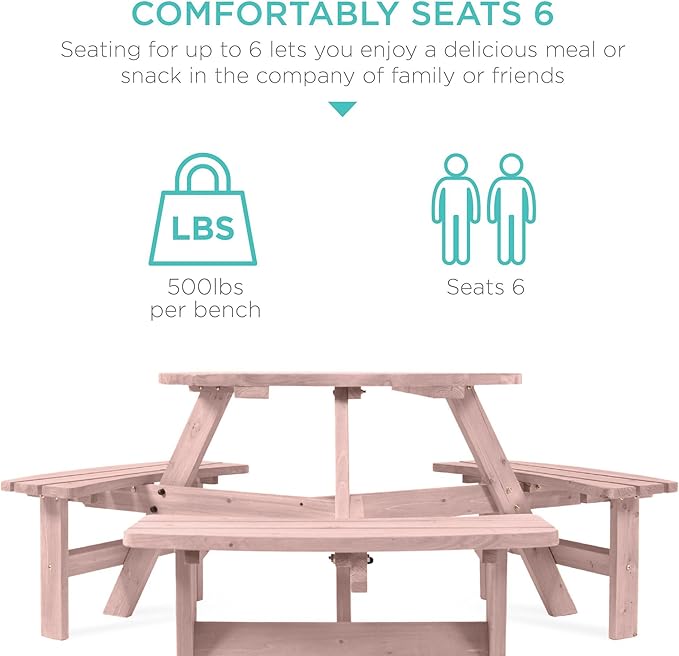Best Choice Products 6-Person Circular Outdoor Wooden Picnic Table for Patio, Backyard, Garden, DIY w/ 3 Built-in Benches, 500lb Capacity - Rose Quartz