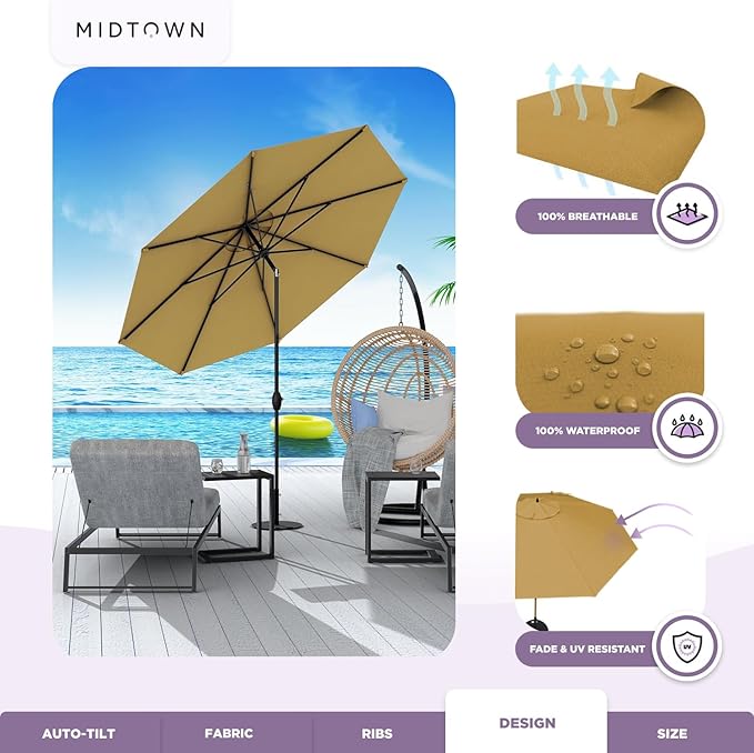 Midtown Umbrellas - 10-Year-No-Fade 9 Ft Patio Umbrella with Terylast Fabric, Auto-Tilt Aluminum Frame and 8 Reinforced Ribs for Deck, Pool, Garden & Beach - Sand Tan Canopy, Black Pole