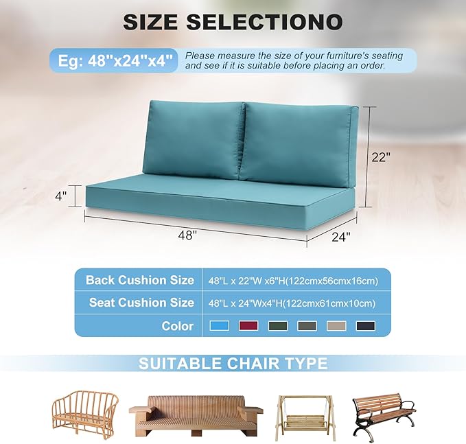 Outdoor Loveseat Cushions, 48 x 24 x 4 Inches Waterproof Fade Resistant Cushion Set for Couch, Bench and Swing