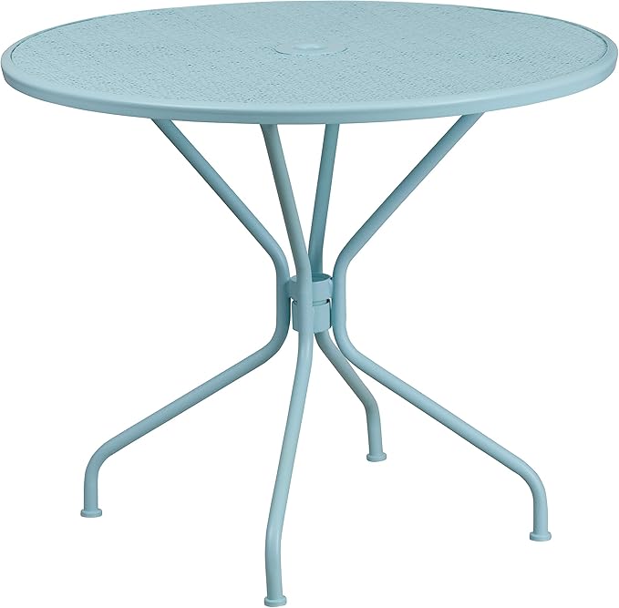Flash Furniture Commercial Grade 35.25" Round Sky Blue Indoor-Outdoor Steel Patio Table Set with 2 Square Back Chairs
