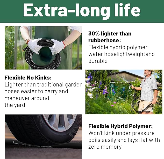 Short Garden Hose 10 ft x 5/8" Female to Female Hose Adapter, Heavy Duty Small Water Hose Extender Connector, Leak-Free Connections Hybrid Rubber Leader Hose with 3/4" Double GHT Fittings, Black