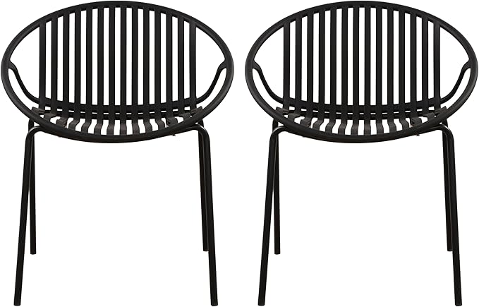 Christopher Knight Home Set of 2 Tita Modern Patio Outdoor Dining Chairs, Stacking Chair, Outside Dinner, Garden/Balcony/Poolside Stackable Accent Chairs, Metal Legs, Plastic Cutout Backrest, Black