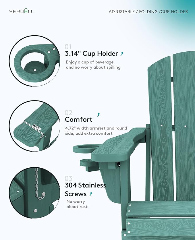 SERWALL Folding Adirondack Chair Set of 2, Adjustable Adirondack Chair with 3 Recline Positions, All Weather HDPE Outdoor Adirondack with Cup Holders, Light Green