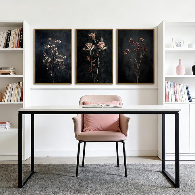 QTUSYUR Dark Dried Wildflower Wall Art - Large Farmed Floral Botanical Art Print - Farmhouse Flower Canvas Artwork for Bedroom Living Room- Modern Minimalist Wall Pictures for Home Decor 16”×24”×3