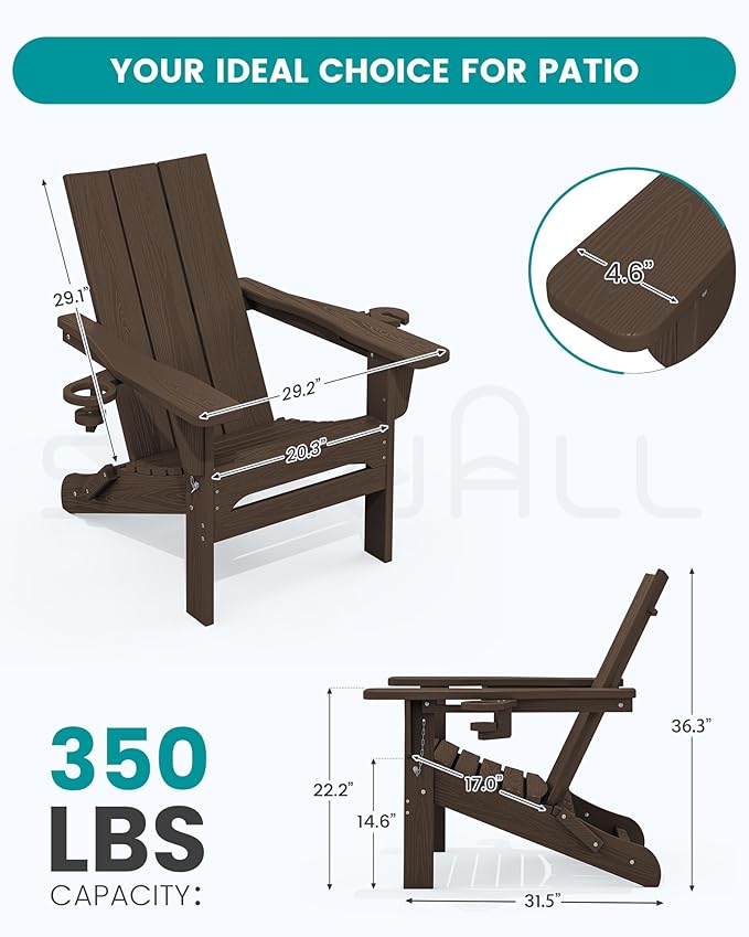 SERWALL Modern Adirondack Chairs Set of 2, Folding Adirondack Chair with Cup Holders, Outdoor HDPE Adirondack Chair for Patio Lawn Garden, Coffee