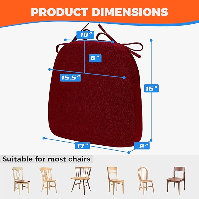 Chair Cushions for Dining Chairs, D-Shaped Seat Cushions with Removable Washable Cover and Ties, Chair Pads for Kitchen, Indoor Dining Room, Patio Chairs, 17'' x 16'', Set of 2, Red