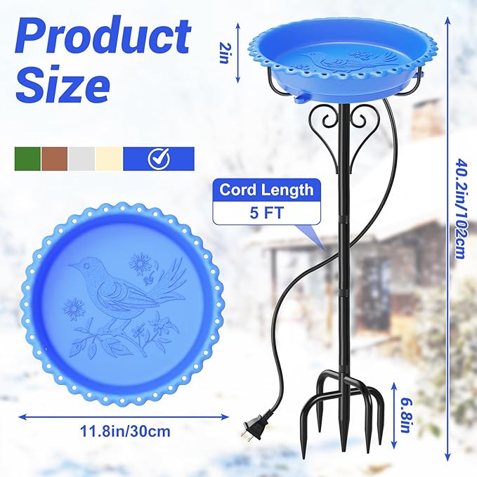 Heated Bird Bath for Outside Winter, Powerful 100W Thermostat Control Water Heated BirdBaths Bowl for Outdoors with 5-Prong Metal Base Heated Bird Bath for Garden Patio Yard Lawn (Blue)