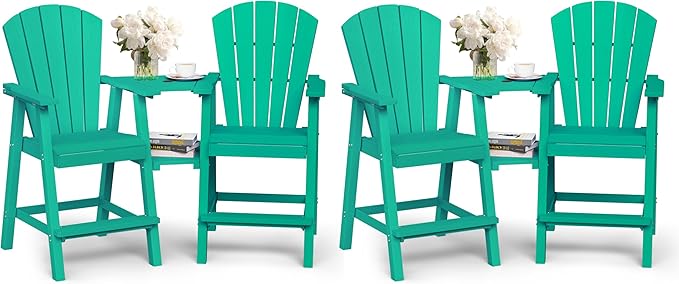 Ciokea Tall Adirondack Chairs Set of 4, HDPE Outdoor Adirondack Bar Stools with Double Connecting Tray, Weather Resistant High Back Adirondack Balcony Chairs for Deck, Lawn, Pool, Backyard, Lake Blue