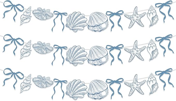3 PACK Summer Banner Seashells Decor Party Decorations Party Supplies Birthday Decorations Blue Bow Starfish The Sea Summer Birthday Wedding Bachelorette Under Paper Hanging Banner for Baby Showre