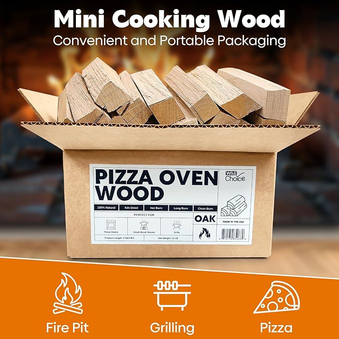 W&E Choice Pizza Oven Wood 6 Inch Mini Logs, 12 lbs Box, Kiln Dried Oak Firewood for Pizza Ovens, Ooni and Gozney, Solo Stove, Long-Lasting Burn for BBQ, Grills and Smokers, Product of USA