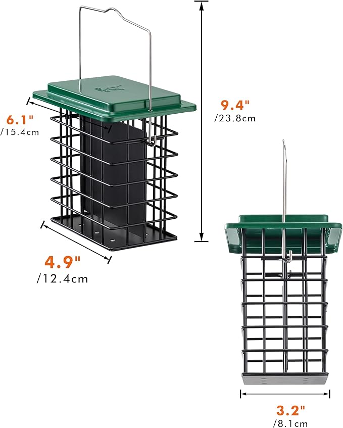 iBorn Double Suet Feeder- Metal Roof Bird Feeder with Taller Grid for Woodpeckers, Suet Cake Cage Bird Feeder for Outdoors Hanging,Easy-Clean & Refill,Green (1 Pack)