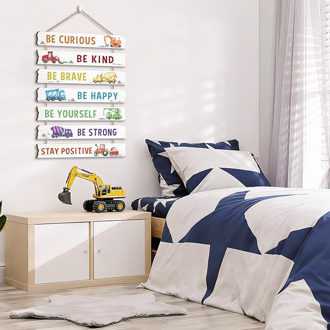 HLNIUC Construction Room Decor for Boys,Motivational Transportation Positive Quotes Hanging Plaque,Cartoon Truck Wall Art,Inspiring Classic Vehicle Hanging Sign for Kids Room Playroom Nursery Decor