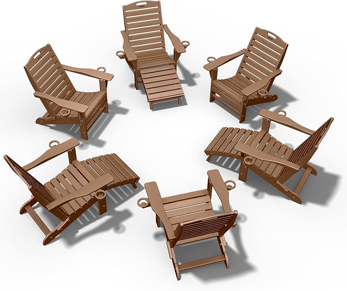 Ciokea Folding Adirondack Chair Set of 6 with Retractable Ottoman Fire Pit Patio Chair with Pull Out Foot Rest Weather Resistant Lawn Outdoor Chair with 2 Cup Holder (Teak)